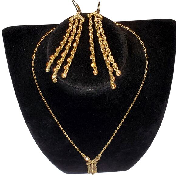 Gold Tone Brown Rhinestone Necklace Earring Set Unsigned 16" Elegant Vtg - Picture 2 of 11